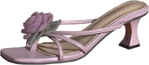 Women's Silk Flower Toe Loop Strappy Kitten Heel Slide Sandals Sexy Open Square Toe Slip On Lightweight Medium Heel Flip Flops for Party Daily Dating