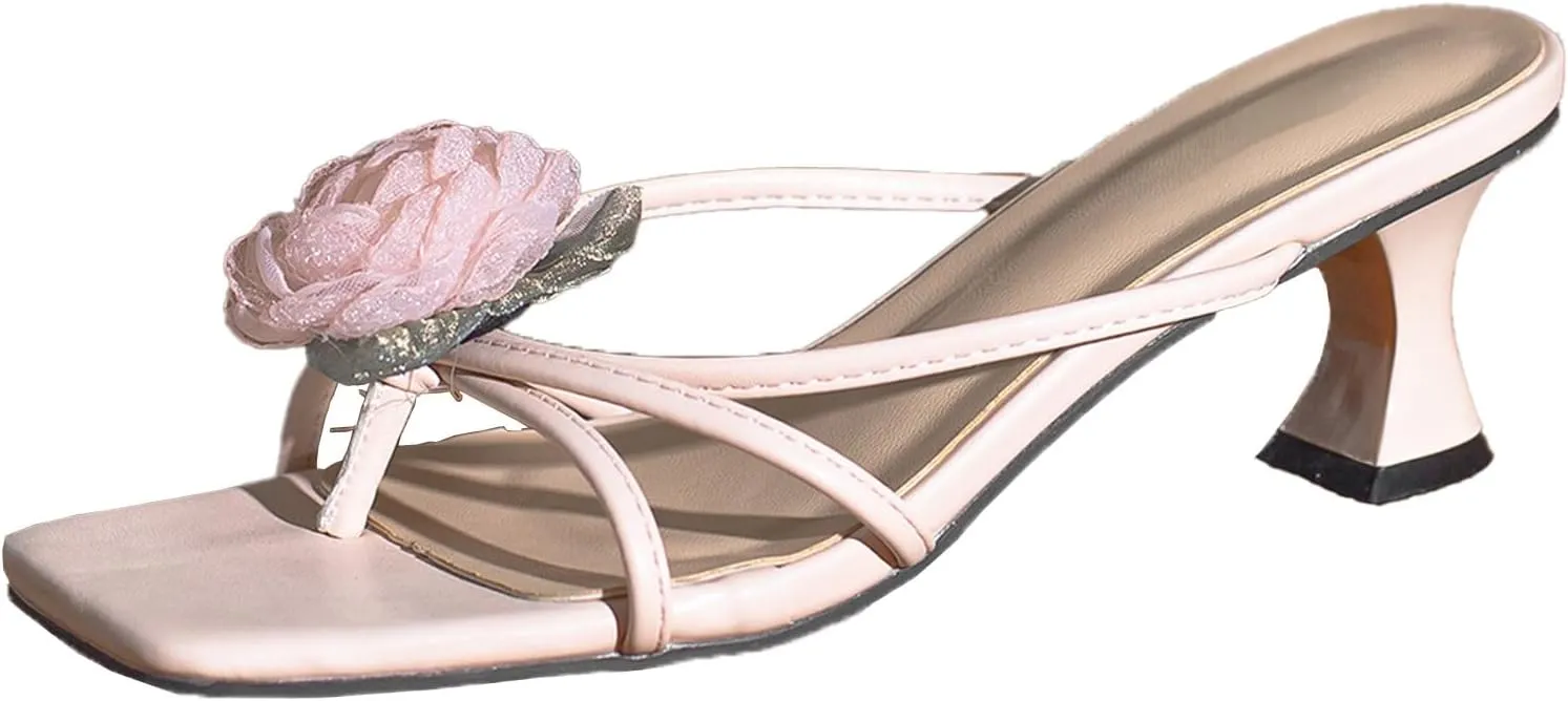 Women's Silk Flower Toe Loop Strappy Kitten Heel Slide Sandals Sexy Open Square Toe Slip On Lightweight Medium Heel Flip Flops for Party Daily Dating