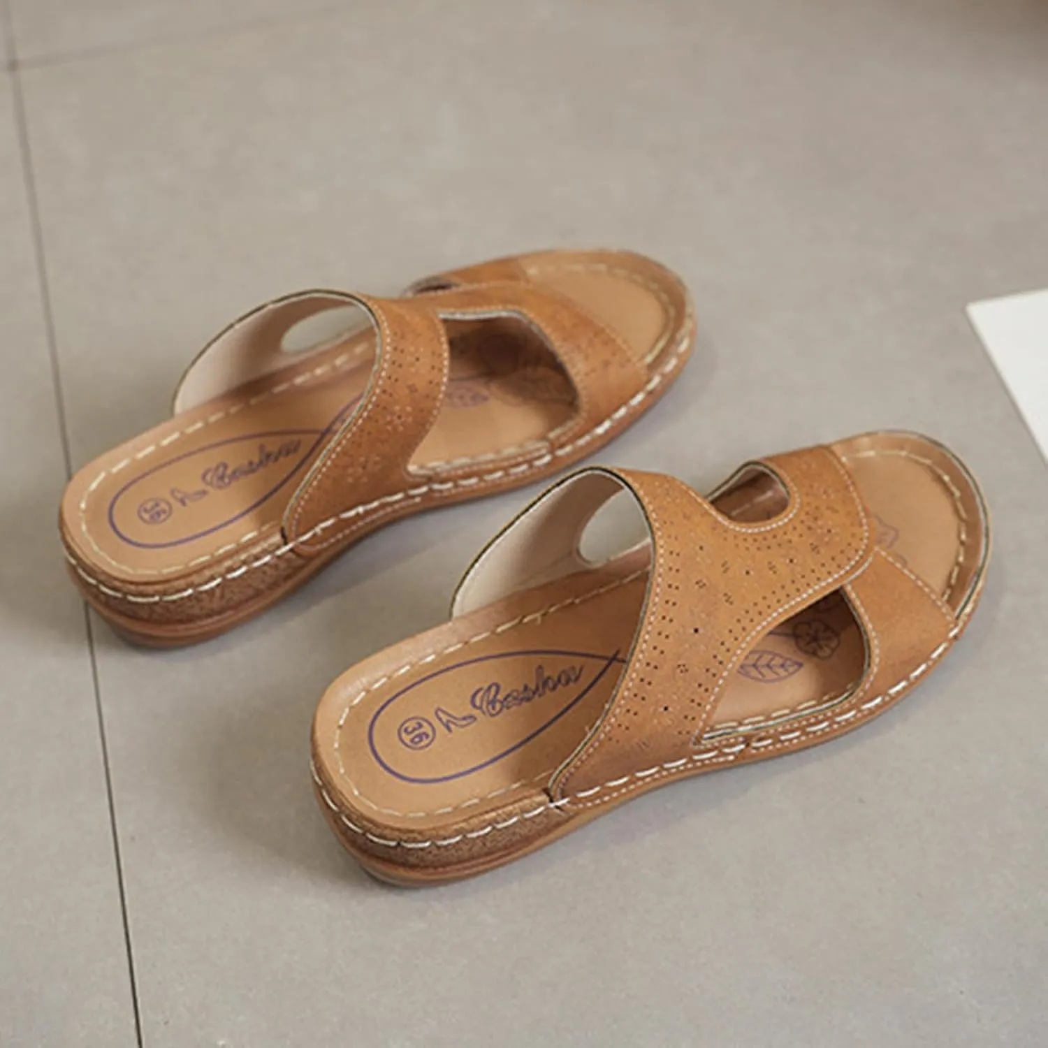 Women's Slide Sandals Comfortable Orthopedic Wedge Slip On Sandals Thick Cushion Yoga Mat Slippers Open Toe Soft Faux Leather Beach Shower Shoes for Walking Vacation Concise Casual Summer Shoes