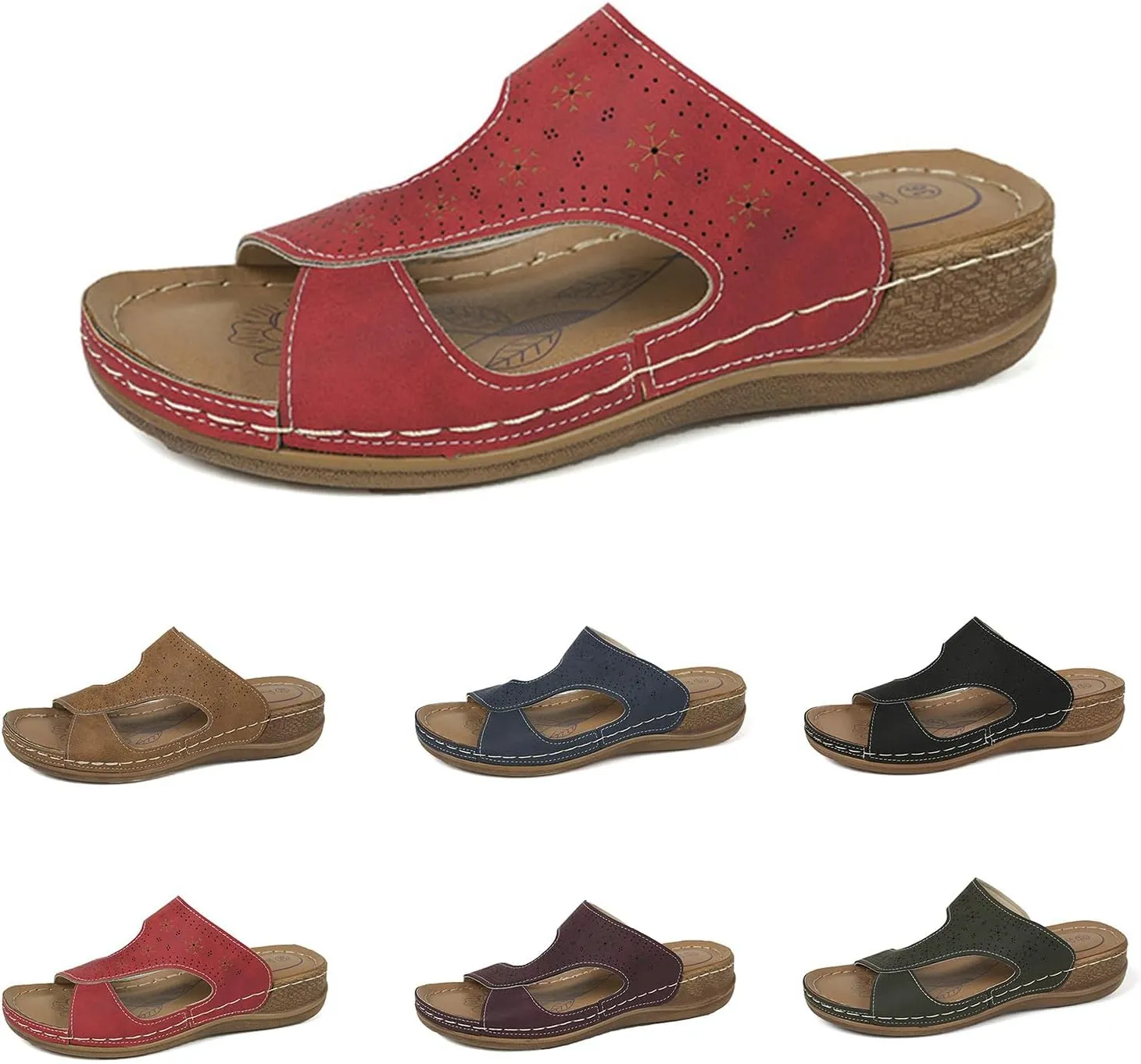 Women's Slide Sandals Comfortable Orthopedic Wedge Slip On Sandals Thick Cushion Yoga Mat Slippers Open Toe Soft Faux Leather Beach Shower Shoes for Walking Vacation Concise Casual Summer Shoes