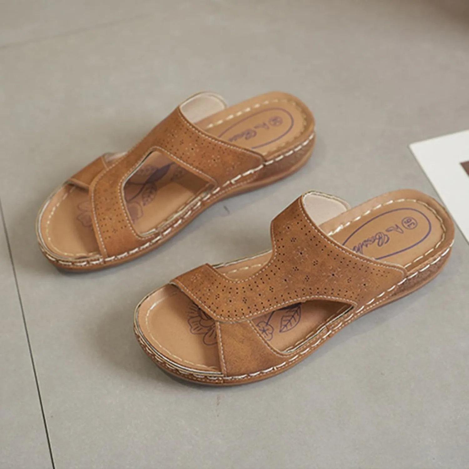 Women's Slide Sandals Comfortable Orthopedic Wedge Slip On Sandals Thick Cushion Yoga Mat Slippers Open Toe Soft Faux Leather Beach Shower Shoes for Walking Vacation Concise Casual Summer Shoes