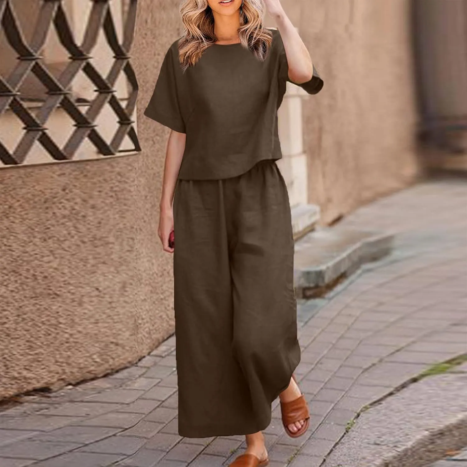 Womens Summer 2 Piece Outfits 2024 Loose Short Sleeve Tops Wide Leg Pants Matching Lounge Set Beach Vacation Clothes