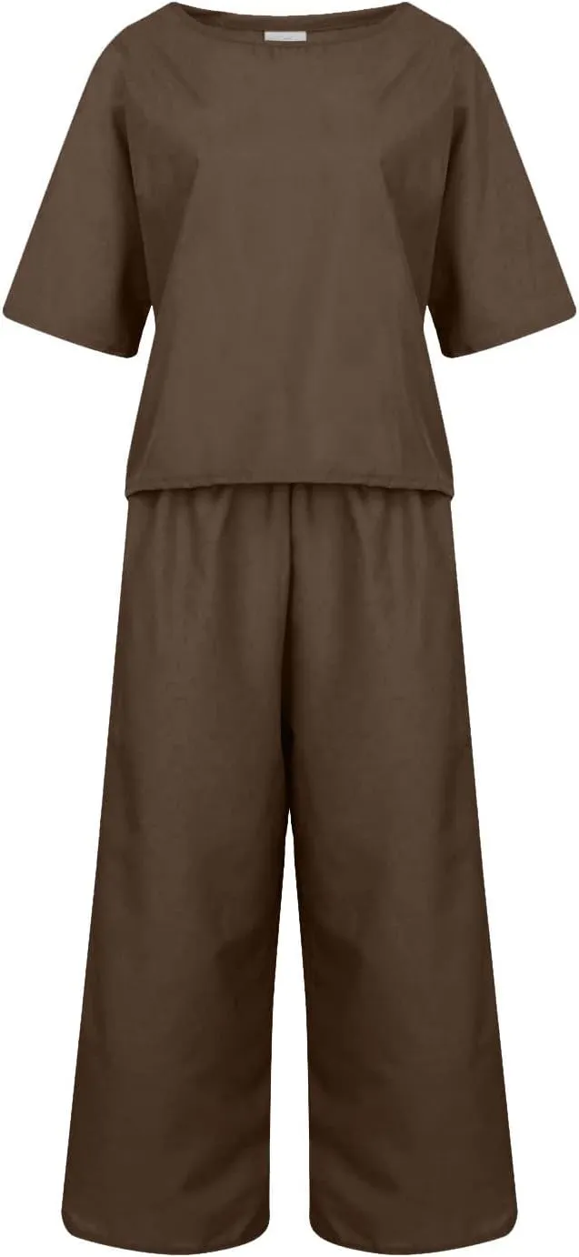 Womens Summer 2 Piece Outfits 2024 Loose Short Sleeve Tops Wide Leg Pants Matching Lounge Set Beach Vacation Clothes