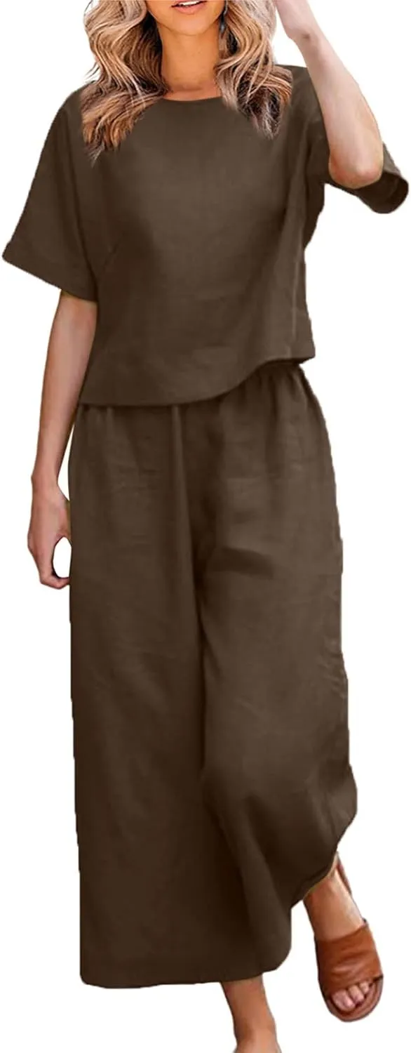 Womens Summer 2 Piece Outfits 2024 Loose Short Sleeve Tops Wide Leg Pants Matching Lounge Set Beach Vacation Clothes