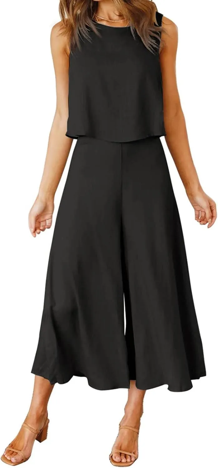 Women's Summer 2 Piece Outfits Sleeveless Crop Top Flowy Wide Leg Capri Pants Matching Sets Vacation Travel Clothes