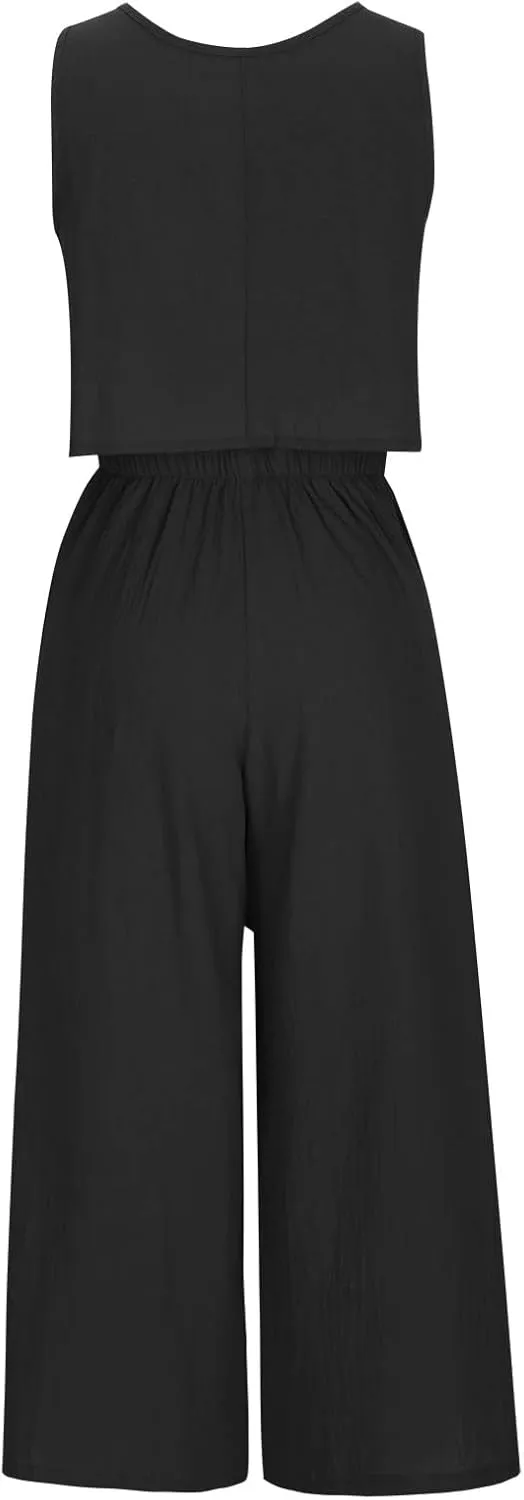 Women's Summer 2 Piece Outfits Sleeveless Crop Top Flowy Wide Leg Capri Pants Matching Sets Vacation Travel Clothes
