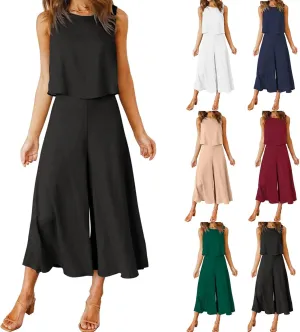 Women's Summer 2 Piece Outfits Sleeveless Crop Top Flowy Wide Leg Capri Pants Matching Sets Vacation Travel Clothes