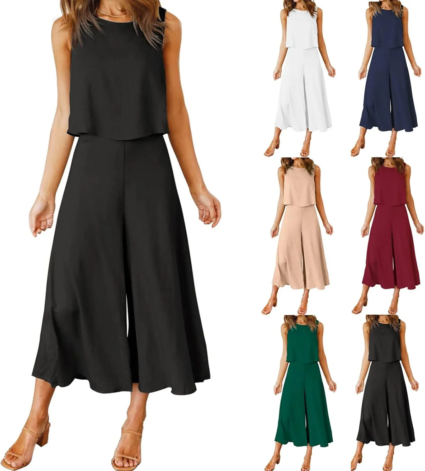 Women's Summer 2 Piece Outfits Sleeveless Crop Top Flowy Wide Leg Capri Pants Matching Sets Vacation Travel Clothes