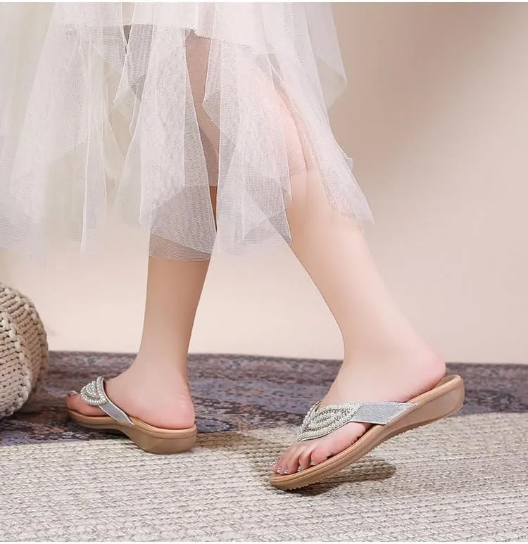 Women's summer flat sandals, flip-flops, rhinestone accessories, outdoor beach