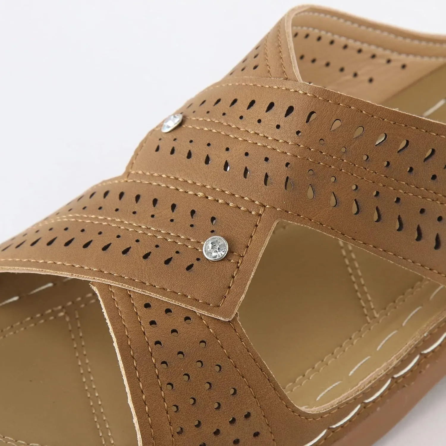 Womens Wedge Sandals Leather Dressy Sandal Rubber Sole Vintage Hollow Summer Slippers Casual Outdoor Round Toe Shoes Fashion Flat Woman Slip-On Slide