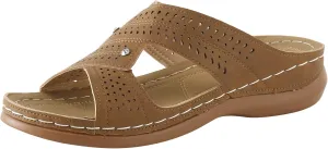 Womens Wedge Sandals Leather Dressy Sandal Rubber Sole Vintage Hollow Summer Slippers Casual Outdoor Round Toe Shoes Fashion Flat Woman Slip-On Slide