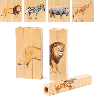 Wooden Animal Chunky Puzzles for Toddlers, Joyreal Montessori 4 in 1 Safari Animal Block Puzzle Toy, Preschool Learning Educational Interactive Toys Gift for Toddlers 2 3 4 5 6 Years Old