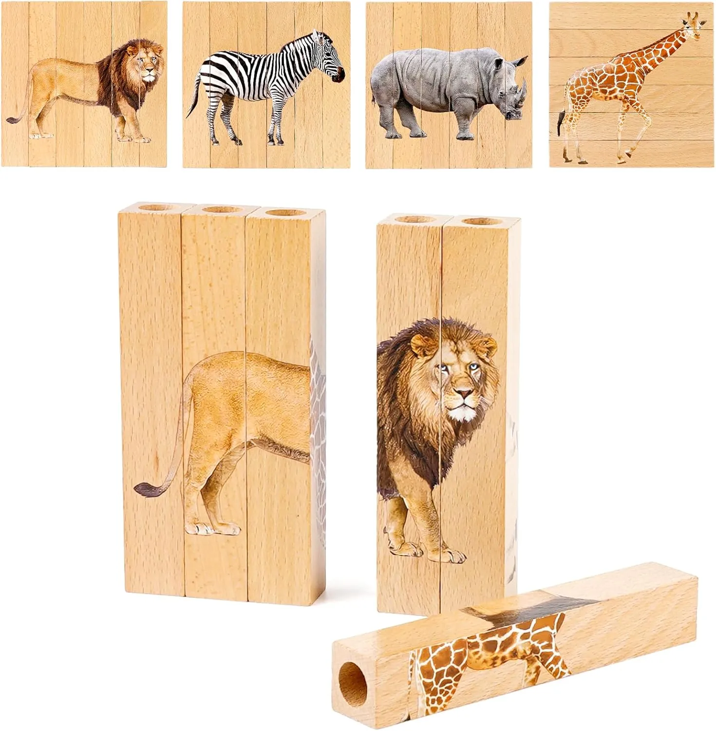 Wooden Animal Chunky Puzzles for Toddlers, Joyreal Montessori 4 in 1 Safari Animal Block Puzzle Toy, Preschool Learning Educational Interactive Toys Gift for Toddlers 2 3 4 5 6 Years Old