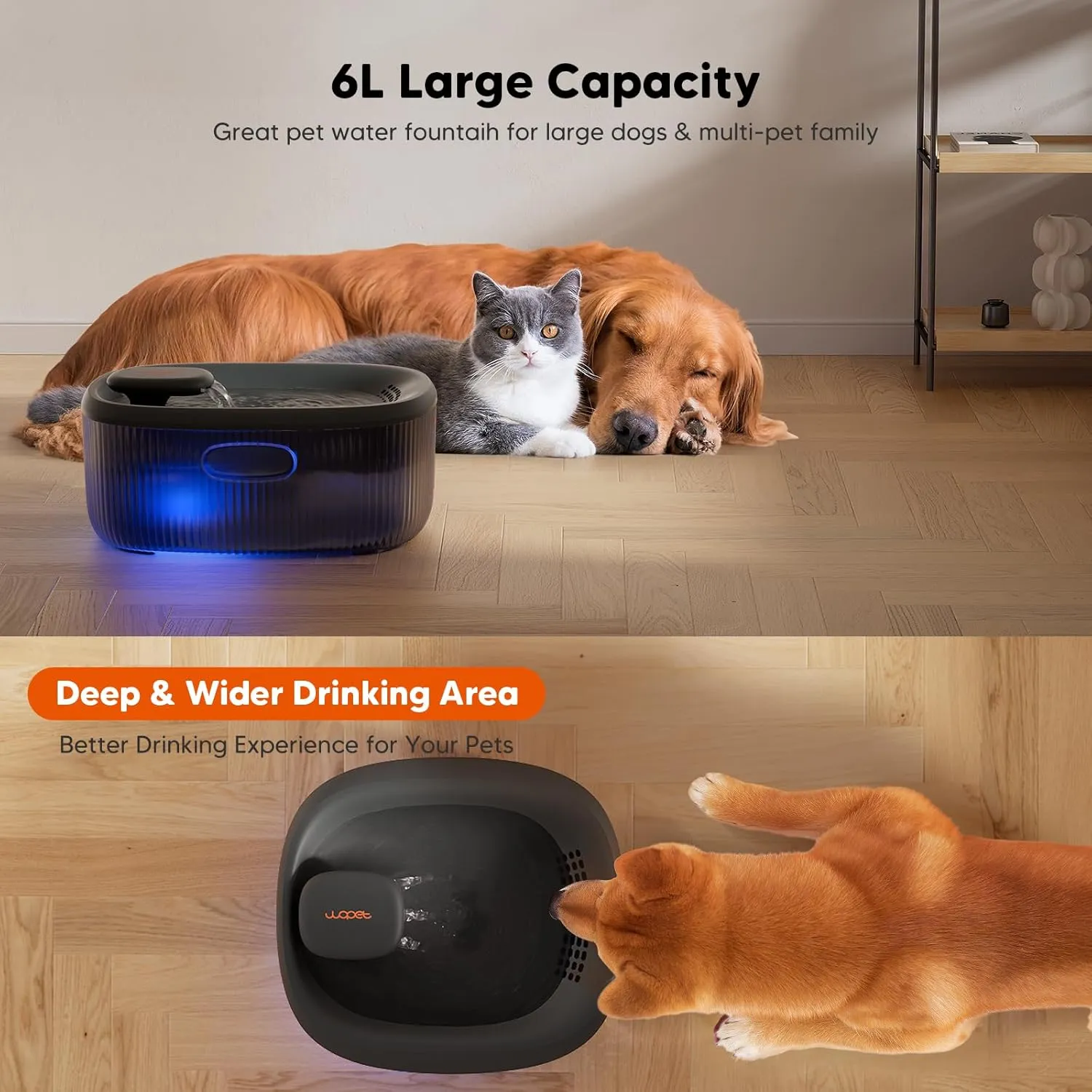 WOPET Dog Water Fountain for Large Dogs, 6L/205oz/1.7Gal Automatic Dog and Cat Water Fountain,Dog Water Dispenser with 2 Filter,Ultra-Quiet Pump,Great for Large Dogs Cats and Multi-Pet Home