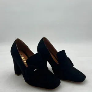 YDN Women Chunky High Heels Square Toe Loafer Shoes Slip On Suede Office Pumps
