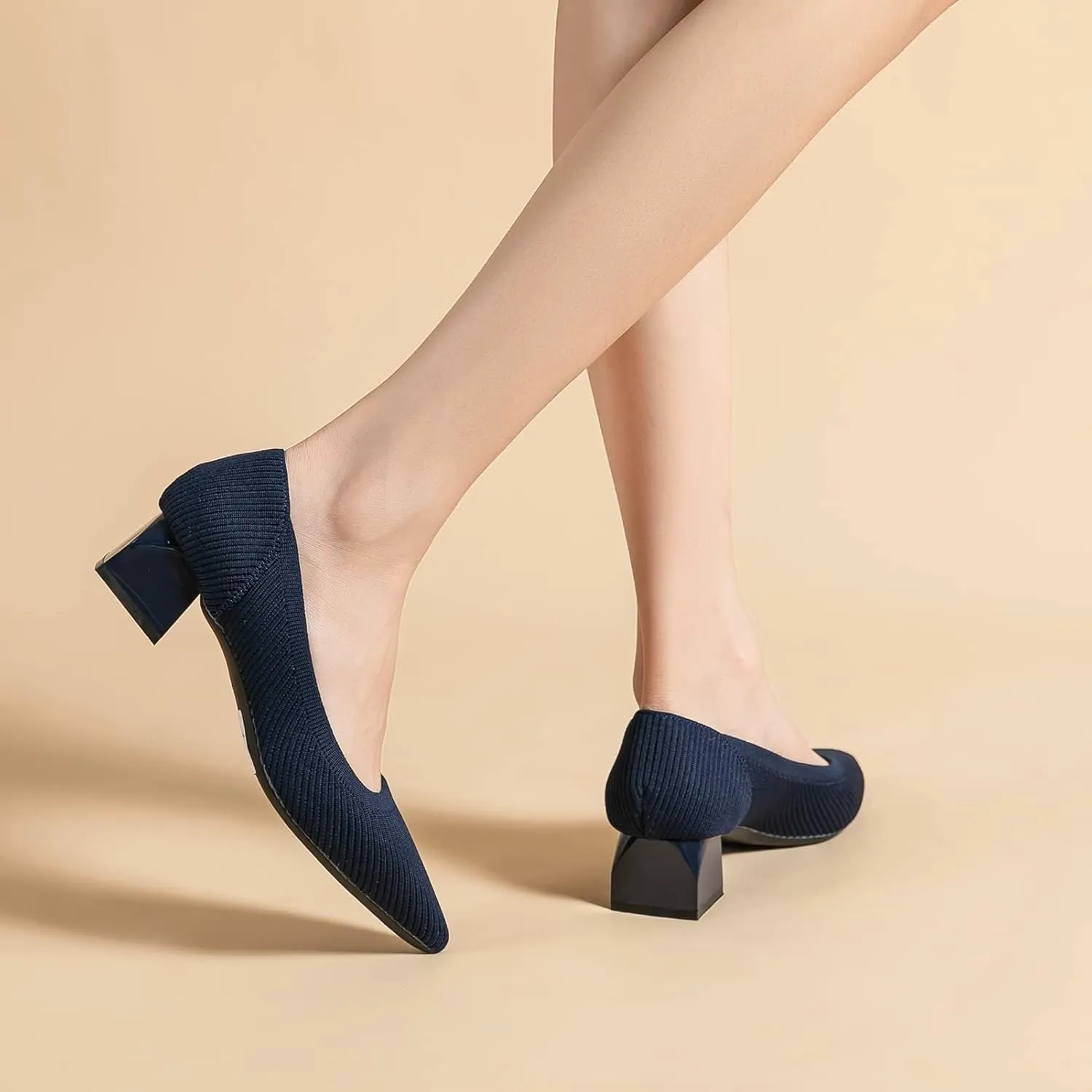 youngshow Women's Pumps Kitten Heels Pointed Toe Knit Slip On Comfortable Casual Formal Dress Shoes