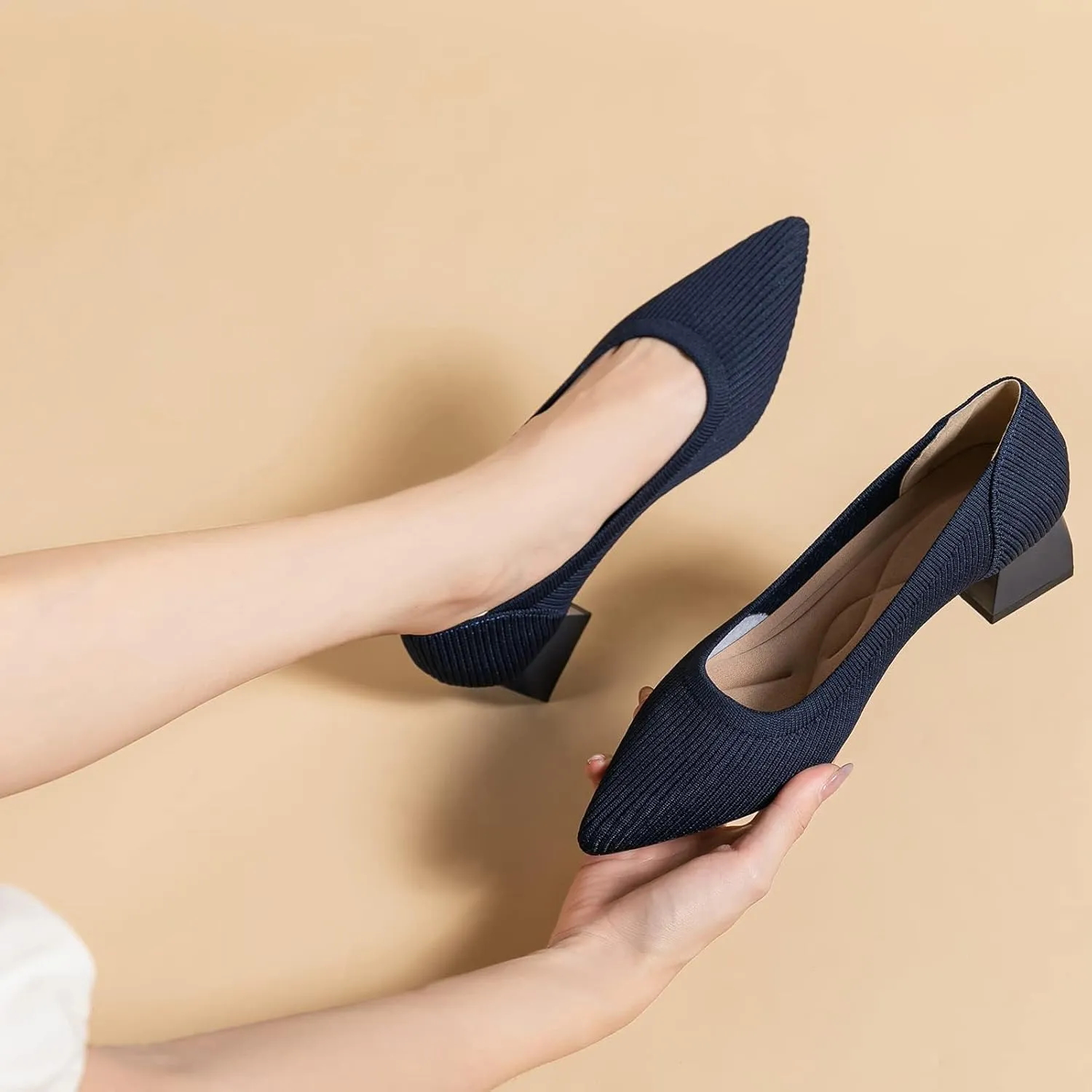 youngshow Women's Pumps Kitten Heels Pointed Toe Knit Slip On Comfortable Casual Formal Dress Shoes
