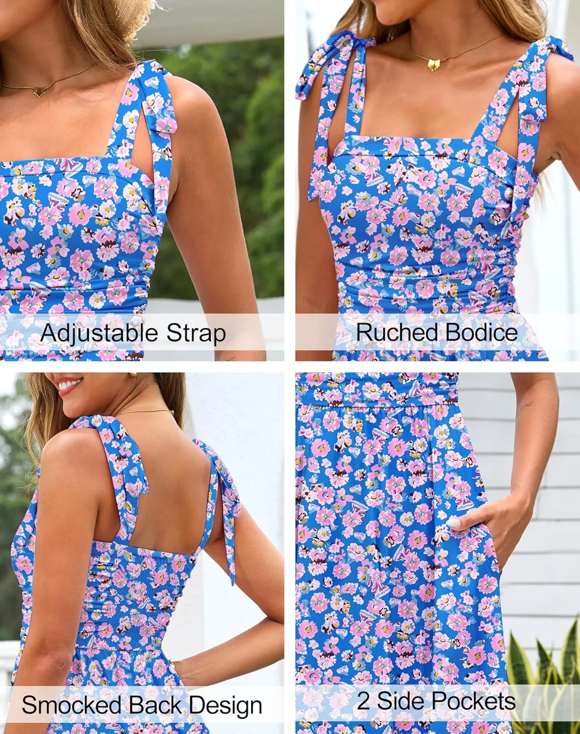 Zattcas Womens 2025 Summer Spaghetti Strap Floral Maxi Dress with Pockets Smocked Flowy Long Beach Vacation Sundresses