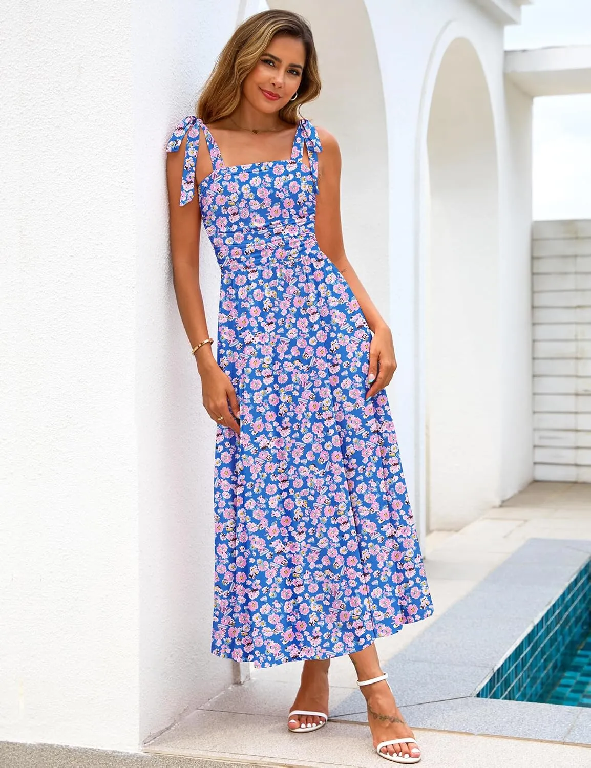 Zattcas Womens 2025 Summer Spaghetti Strap Floral Maxi Dress with Pockets Smocked Flowy Long Beach Vacation Sundresses