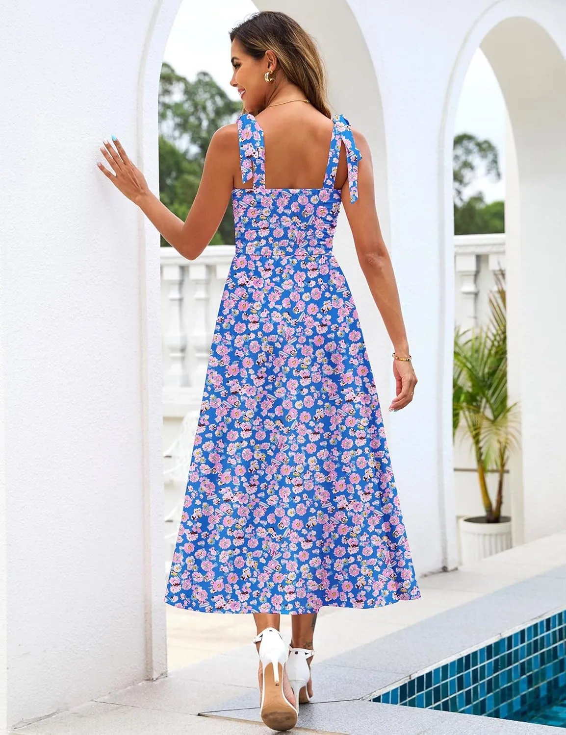 Zattcas Womens 2025 Summer Spaghetti Strap Floral Maxi Dress with Pockets Smocked Flowy Long Beach Vacation Sundresses
