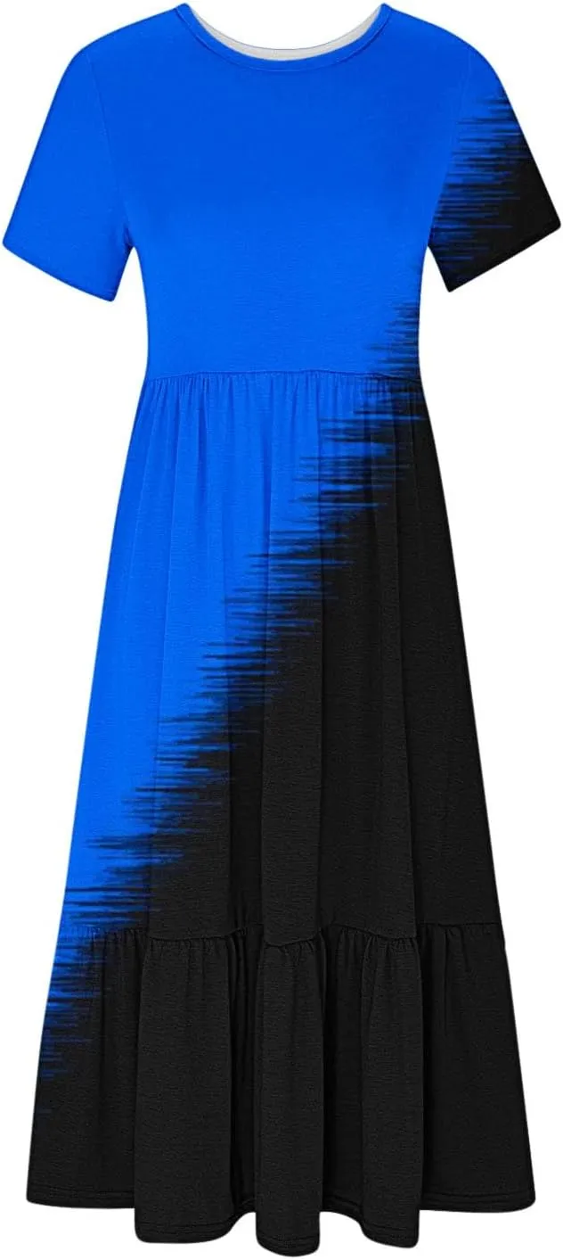 ZDRZK Casual Dresses for Women Tiered Flowy Swing Summer Beach Maxi Dresses Color Block Beach Long Dress with Pockets