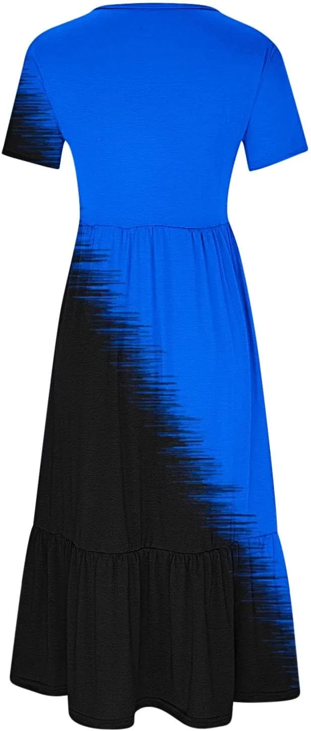 ZDRZK Casual Dresses for Women Tiered Flowy Swing Summer Beach Maxi Dresses Color Block Beach Long Dress with Pockets