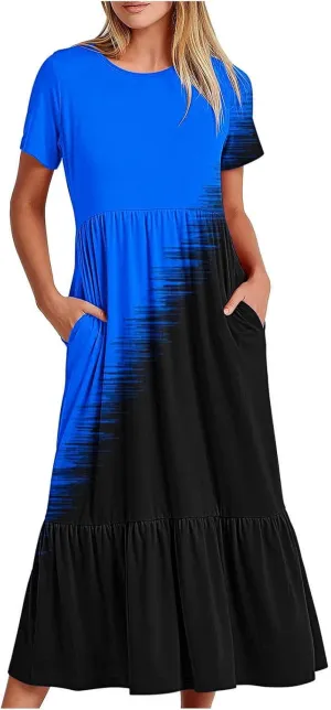 ZDRZK Casual Dresses for Women Tiered Flowy Swing Summer Beach Maxi Dresses Color Block Beach Long Dress with Pockets