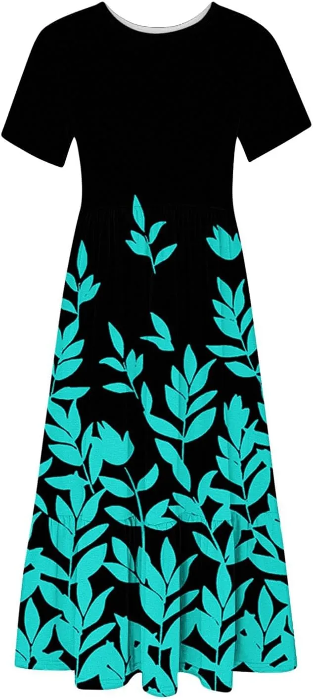 ZDRZK Dresses for Women 2024 Crewneck Short Sleeve Ruched Tshirt Sundress Boho Floral Print Long Maxi Dresses with Pockets