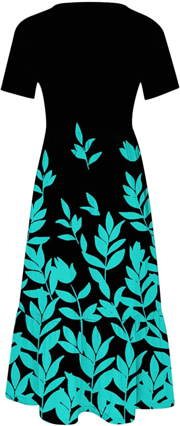 ZDRZK Dresses for Women 2024 Crewneck Short Sleeve Ruched Tshirt Sundress Boho Floral Print Long Maxi Dresses with Pockets