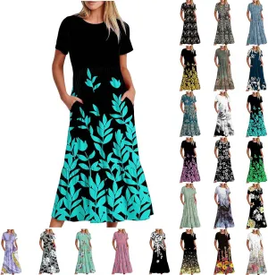 ZDRZK Dresses for Women 2024 Crewneck Short Sleeve Ruched Tshirt Sundress Boho Floral Print Long Maxi Dresses with Pockets