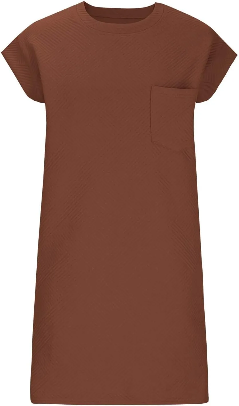 ZDRZK Dresses for Women Casual Cap Sleeve Solid Color Work Sundresses with Pockets Summer Loose Fit Crewneck Mini Dress