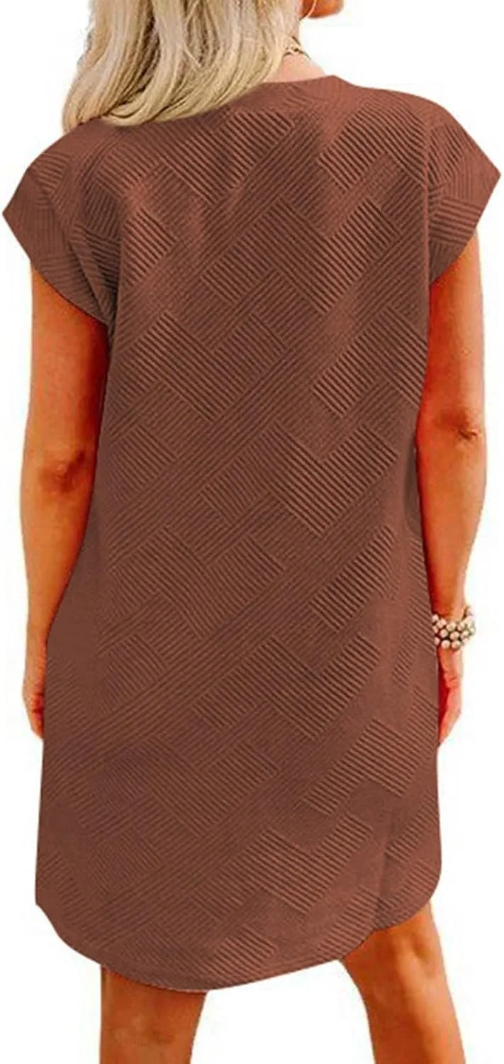 ZDRZK Dresses for Women Casual Cap Sleeve Solid Color Work Sundresses with Pockets Summer Loose Fit Crewneck Mini Dress