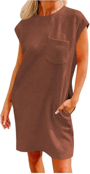 ZDRZK Dresses for Women Casual Cap Sleeve Solid Color Work Sundresses with Pockets Summer Loose Fit Crewneck Mini Dress