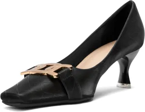 Zelaprox Women's Closed Square Toe Pumps,Low Kitten Heel Pumps Fashion Metal Slip On Stiletto Wedding Party Comfortable Dress Pump Shoes Black/Plaid